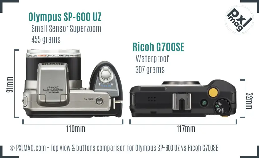 Olympus SP-600 UZ vs Ricoh G700SE top view buttons comparison