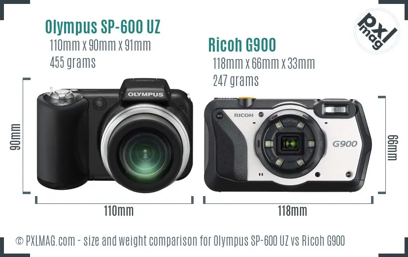 Olympus SP-600 UZ vs Ricoh G900 size comparison