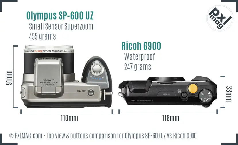 Olympus SP-600 UZ vs Ricoh G900 top view buttons comparison