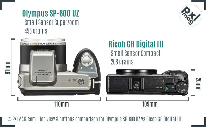 Olympus SP-600 UZ vs Ricoh GR Digital III top view buttons comparison