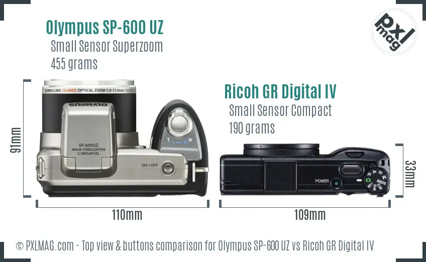 Olympus SP-600 UZ vs Ricoh GR Digital IV top view buttons comparison