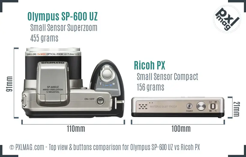 Olympus SP-600 UZ vs Ricoh PX top view buttons comparison Olympus SP-600 UZ vs Ricoh PX top view buttons comparison