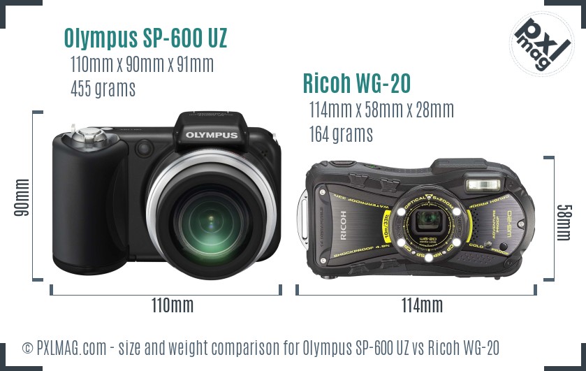 Olympus SP-600 UZ vs Ricoh WG-20 size comparison