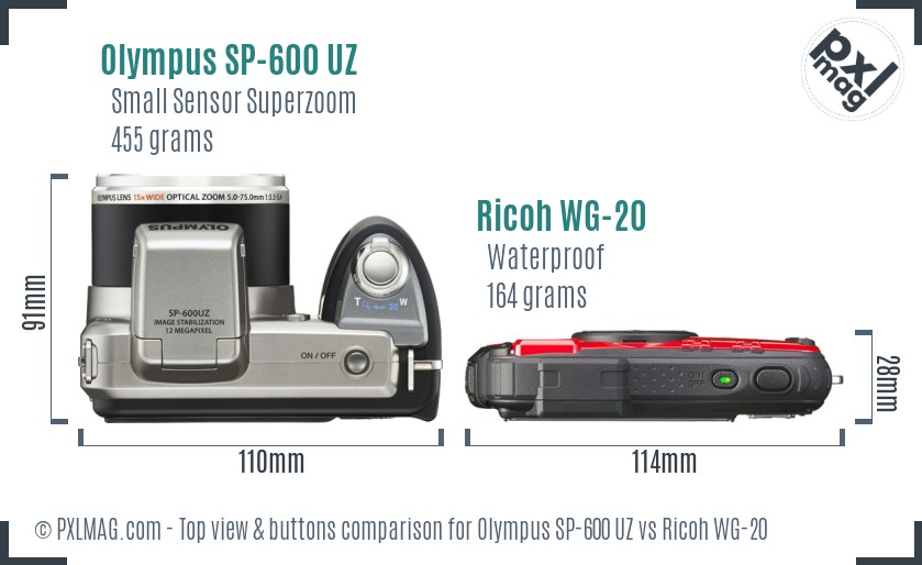 Olympus SP-600 UZ vs Ricoh WG-20 top view buttons comparison