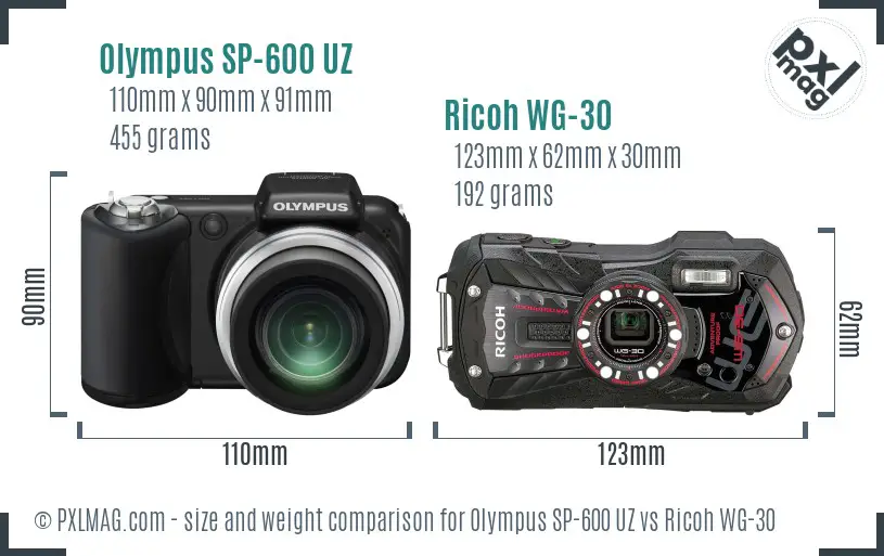 Olympus SP-600 UZ vs Ricoh WG-30 size comparison