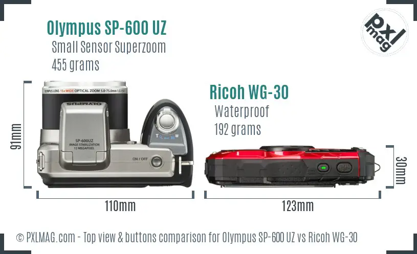 Olympus SP-600 UZ vs Ricoh WG-30 top view buttons comparison