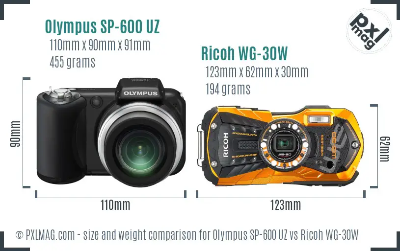 Olympus SP-600 UZ vs Ricoh WG-30W size comparison