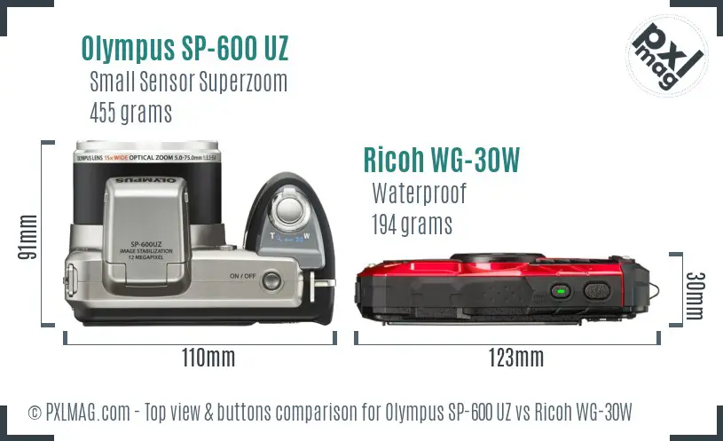 Olympus SP-600 UZ vs Ricoh WG-30W top view buttons comparison