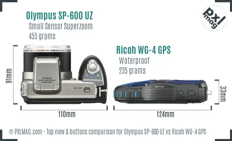 Olympus SP-600 UZ vs Ricoh WG-4 GPS top view buttons comparison