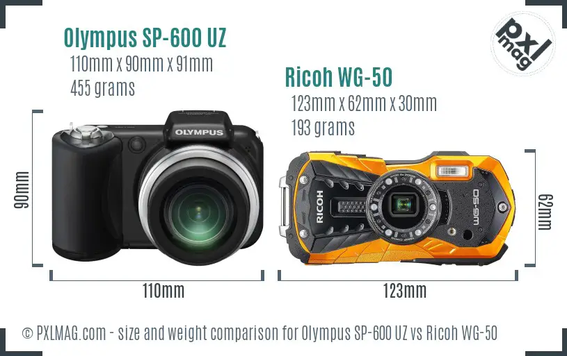 Olympus SP-600 UZ vs Ricoh WG-50 size comparison