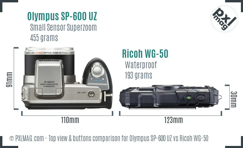 Olympus SP-600 UZ vs Ricoh WG-50 top view buttons comparison