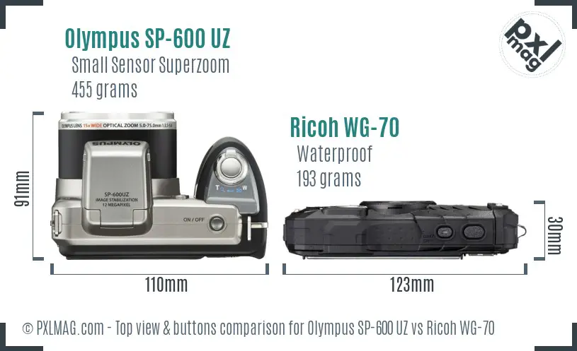Olympus SP-600 UZ vs Ricoh WG-70 top view buttons comparison
