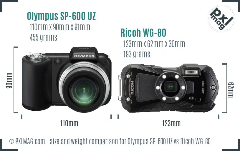 Olympus SP-600 UZ vs Ricoh WG-80 size comparison