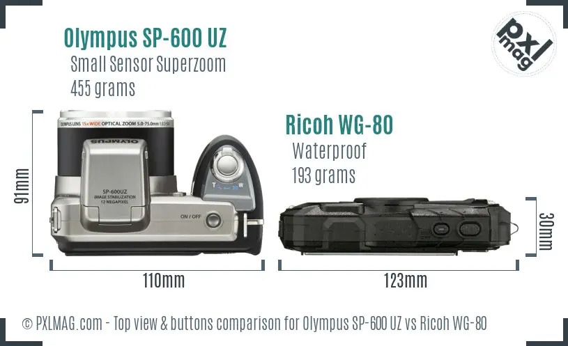 Olympus SP-600 UZ vs Ricoh WG-80 top view buttons comparison