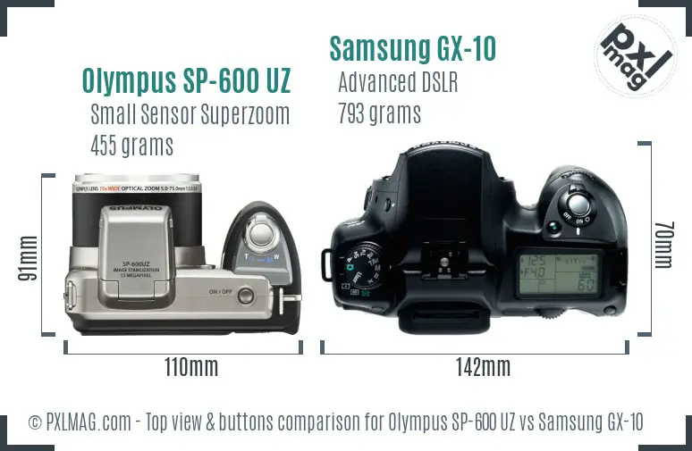 Olympus SP-600 UZ vs Samsung GX-10 top view buttons comparison