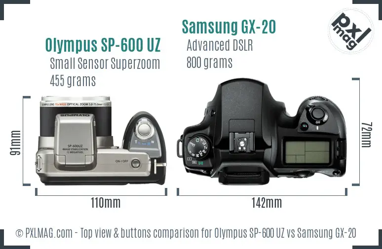 Olympus SP-600 UZ vs Samsung GX-20 top view buttons comparison