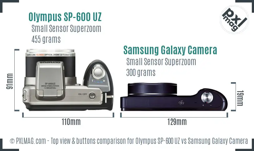 Olympus SP-600 UZ vs Samsung Galaxy Camera top view buttons comparison Olympus SP-600 UZ vs Samsung Galaxy Camera top view buttons comparison