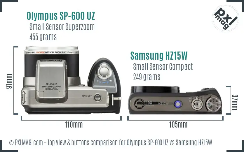 Olympus SP-600 UZ vs Samsung HZ15W top view buttons comparison Olympus SP-600 UZ vs Samsung HZ15W top view buttons comparison