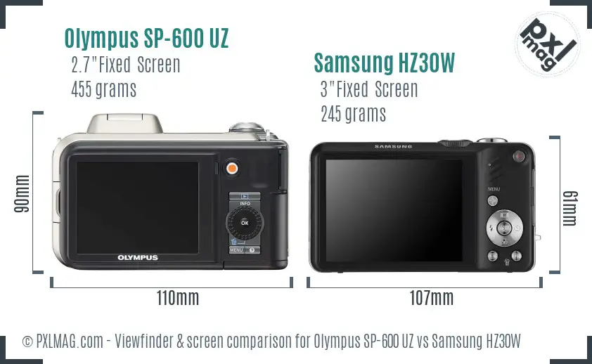 Olympus SP-600 UZ vs Samsung HZ30W Screen and Viewfinder comparison