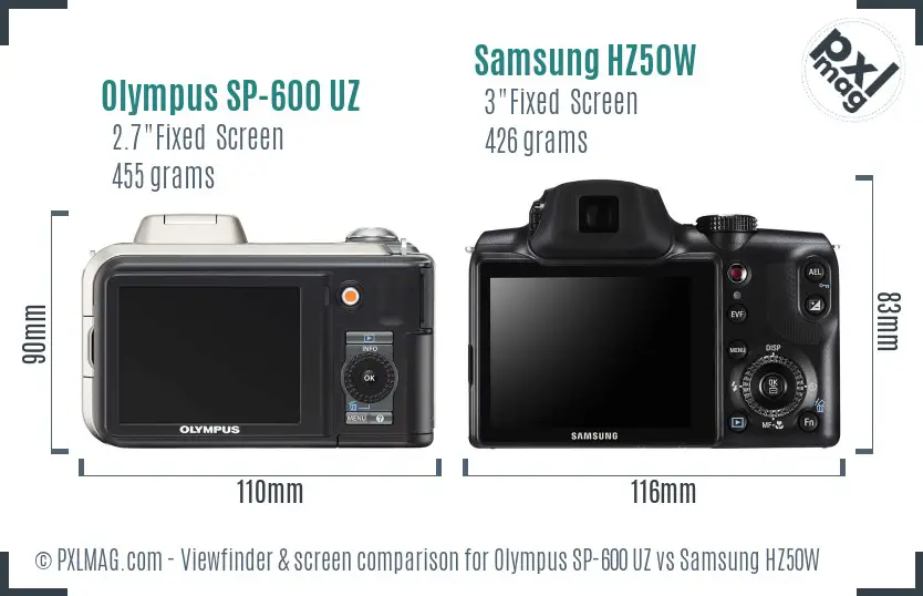 Olympus SP-600 UZ vs Samsung HZ50W Screen and Viewfinder comparison