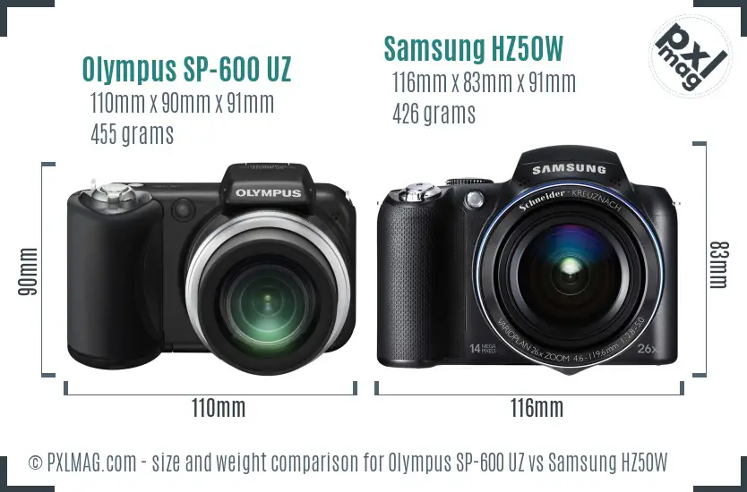 Olympus SP-600 UZ vs Samsung HZ50W size comparison