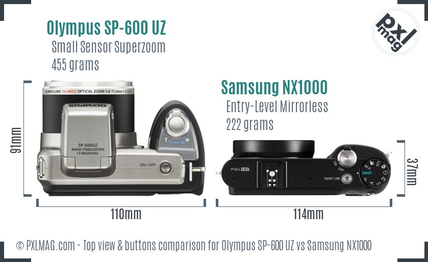 Olympus SP-600 UZ vs Samsung NX1000 top view buttons comparison