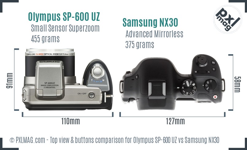 Olympus SP-600 UZ vs Samsung NX30 top view buttons comparison