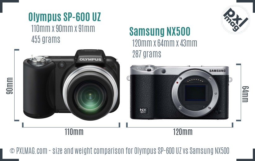 Olympus SP-600 UZ vs Samsung NX500 size comparison Olympus SP-600 UZ vs Samsung NX500 size comparison