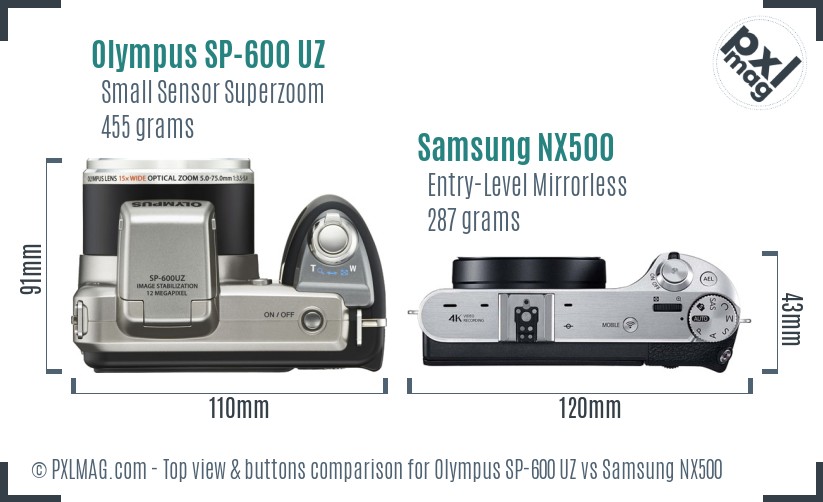 Olympus SP-600 UZ vs Samsung NX500 top view buttons comparison