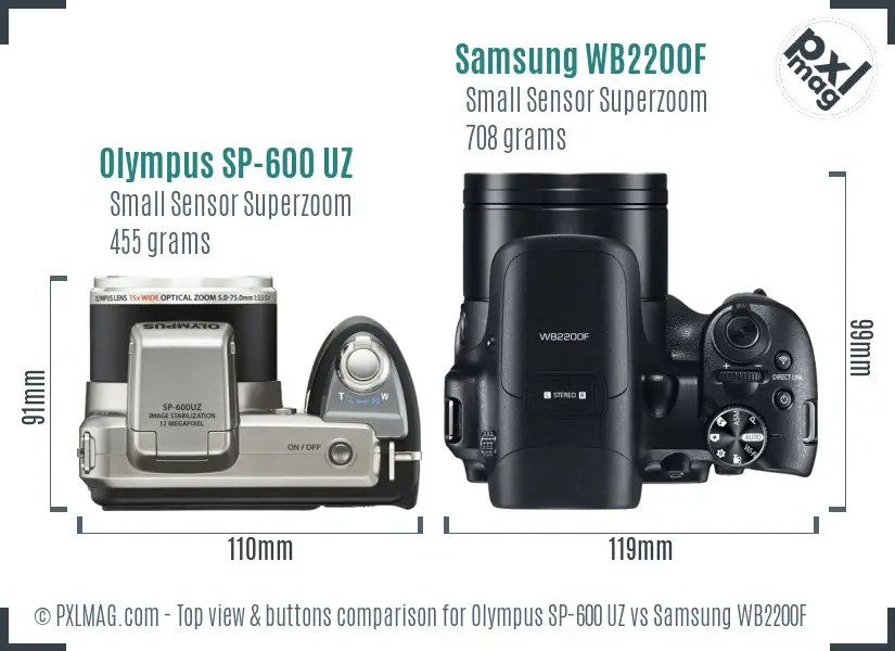 Olympus SP-600 UZ vs Samsung WB2200F top view buttons comparison Olympus SP-600 UZ vs Samsung WB2200F top view buttons comparison
