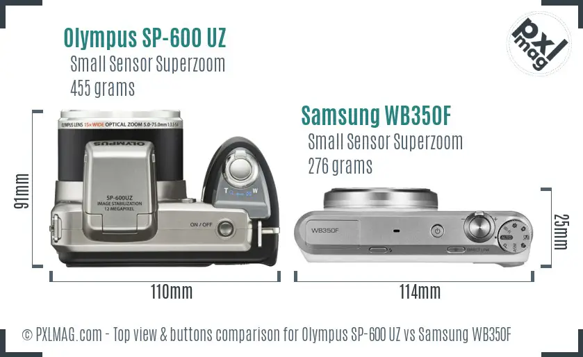Olympus SP-600 UZ vs Samsung WB350F top view buttons comparison Olympus SP-600 UZ vs Samsung WB350F top view buttons comparison