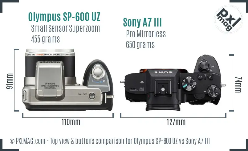 Olympus SP-600 UZ vs Sony A7 III top view buttons comparison