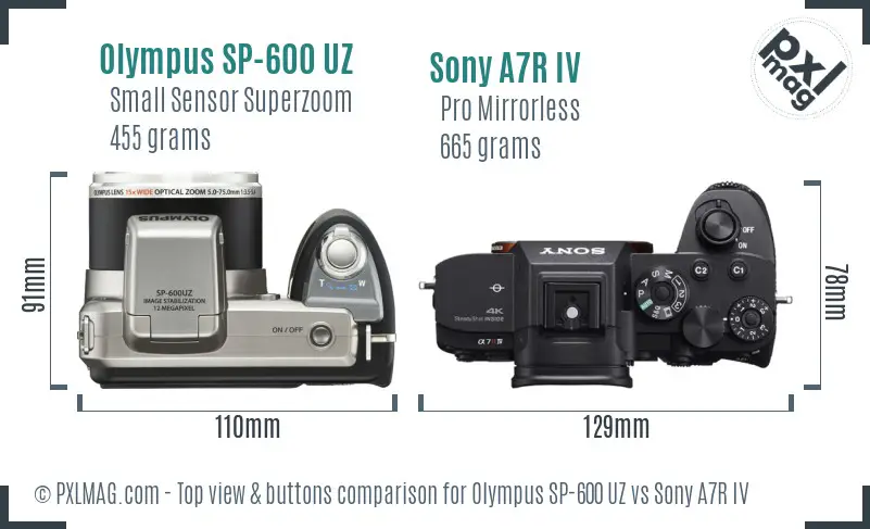 Olympus SP-600 UZ vs Sony A7R IV top view buttons comparison