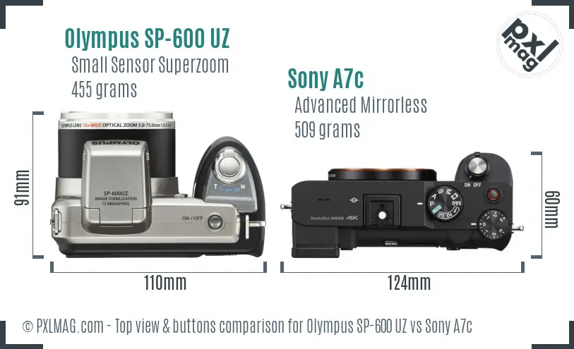 Olympus SP-600 UZ vs Sony A7c top view buttons comparison