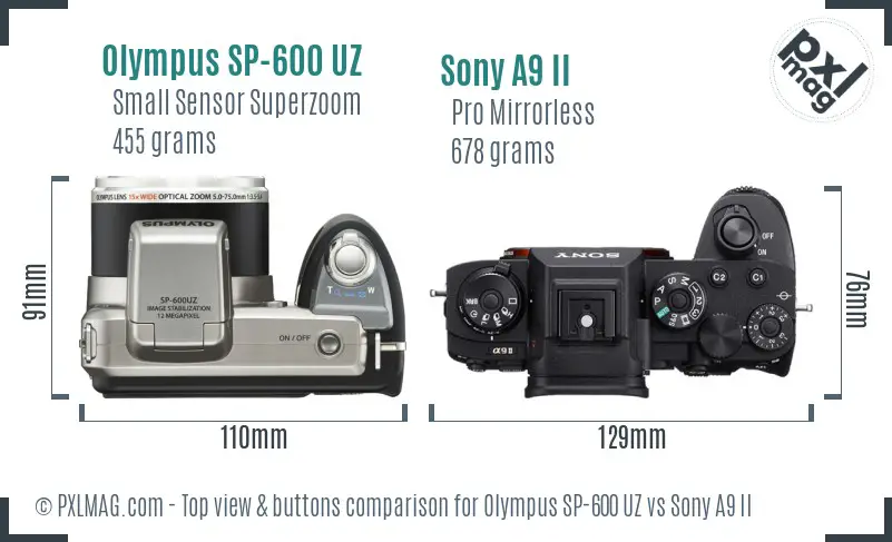 Olympus SP-600 UZ vs Sony A9 II top view buttons comparison