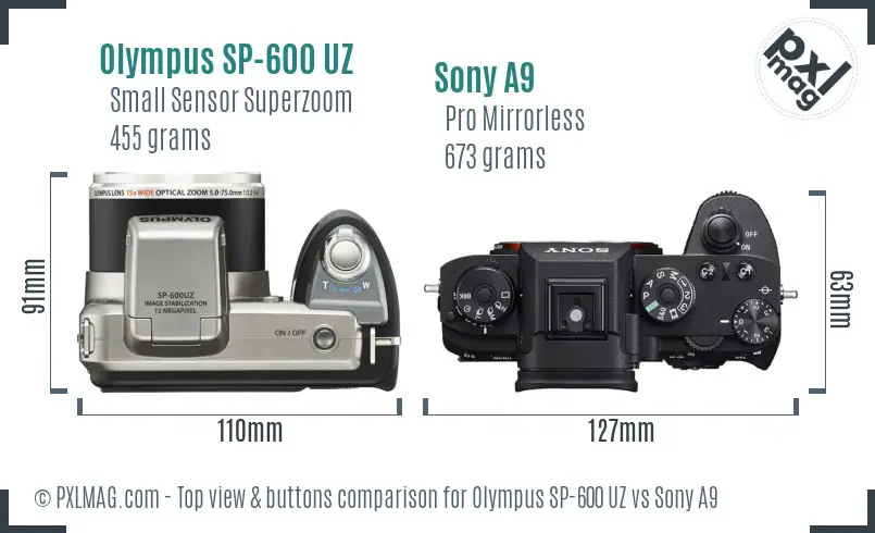 Olympus SP-600 UZ vs Sony A9 top view buttons comparison