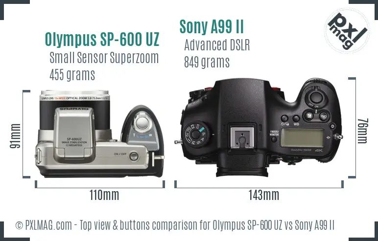 Olympus SP-600 UZ vs Sony A99 II top view buttons comparison