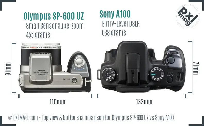 Olympus SP-600 UZ vs Sony A100 top view buttons comparison