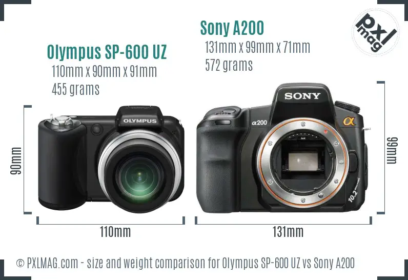 Olympus SP-600 UZ vs Sony A200 size comparison