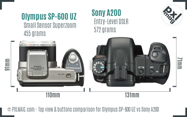 Olympus SP-600 UZ vs Sony A200 top view buttons comparison