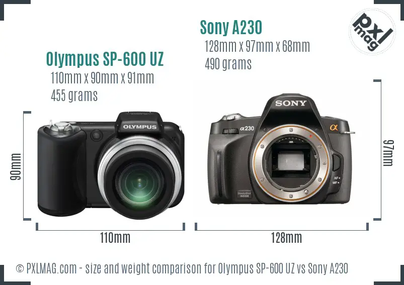 Olympus SP-600 UZ vs Sony A230 size comparison