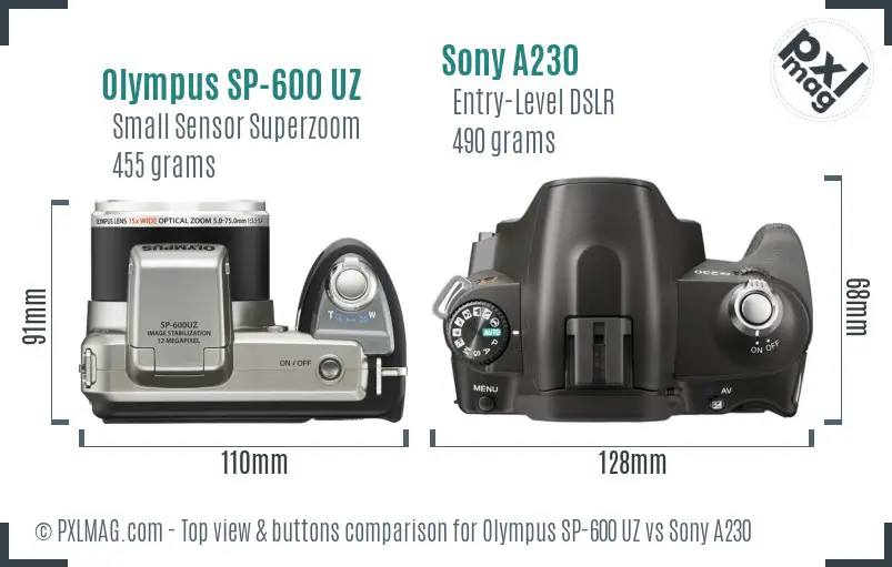 Olympus SP-600 UZ vs Sony A230 top view buttons comparison