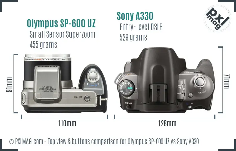 Olympus SP-600 UZ vs Sony A330 top view buttons comparison