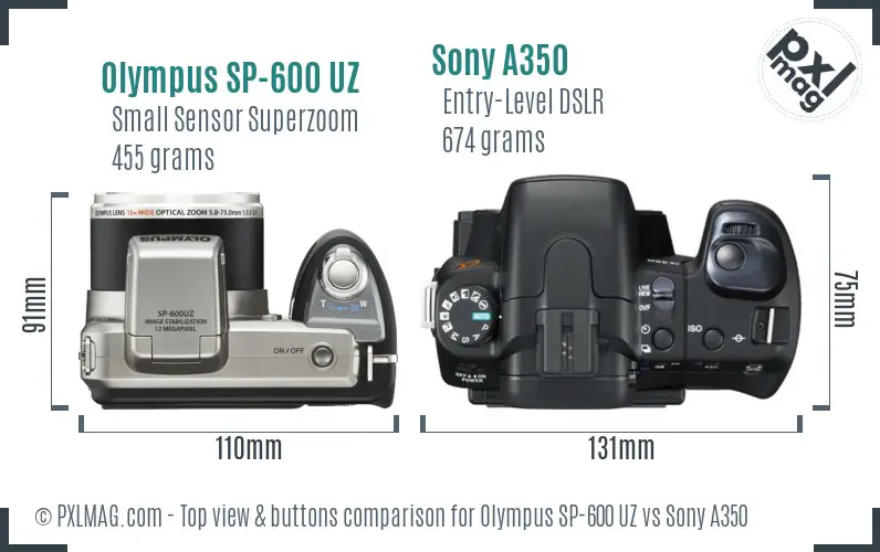 Olympus SP-600 UZ vs Sony A350 top view buttons comparison