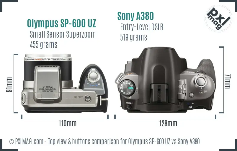 Olympus SP-600 UZ vs Sony A380 top view buttons comparison