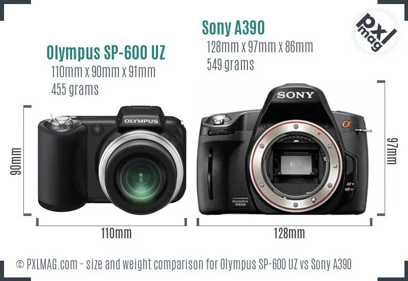 Olympus SP-600 UZ vs Sony A390 size comparison