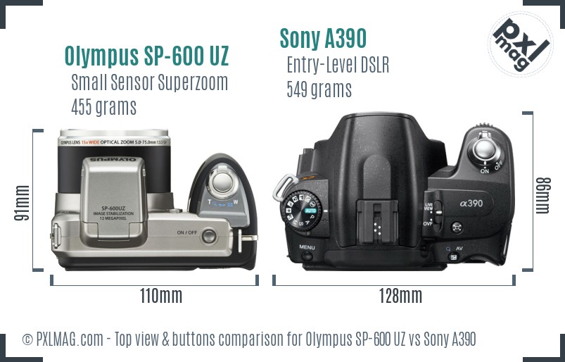 Olympus SP-600 UZ vs Sony A390 top view buttons comparison