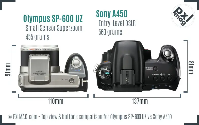 Olympus SP-600 UZ vs Sony A450 top view buttons comparison