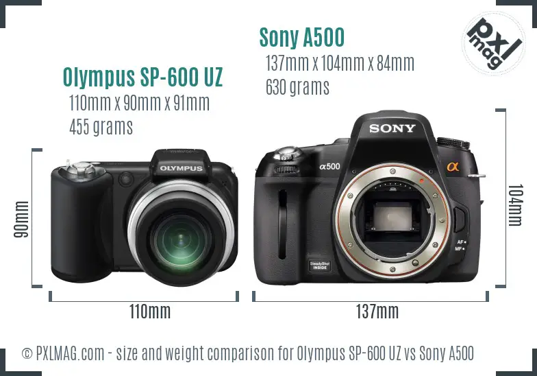 Olympus SP-600 UZ vs Sony A500 size comparison