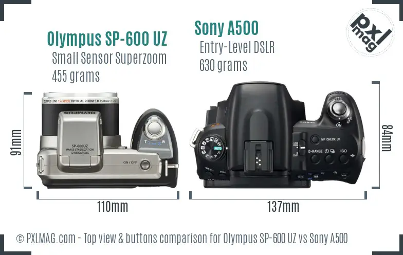 Olympus SP-600 UZ vs Sony A500 top view buttons comparison